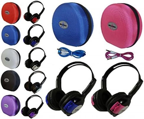 2 Pack Kid Sized Wireless Infrared Universal Car DVD IR Automotive Colored Adjustable 2 Channel Headphones With Case and 3.5mm Auxiliary Cord