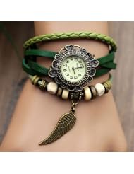 Sannsis 1PC Green Vintage Womens Leather Quartz Wing Beads Wrist Watches