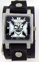 Skull Cross White Square Leather Band Trendy Design Round Steel Case Punk Rocker Biker Black Wide Leather Band Wrist Watch