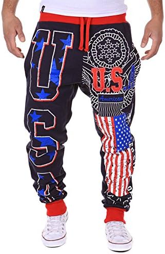 LuShmily Men's Jogger Trousers Sport Pants With USA Flag Printing Navy XL