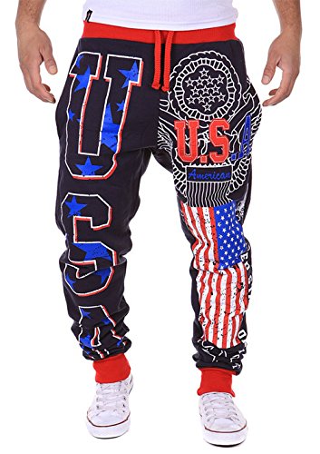 LuShmily Men's Jogger Trousers Sport Pants With USA Flag Printing Navy XL