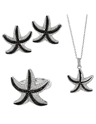 BRI Jewelry Sterling Silver Domed Starfish Shape With Black And Clear Cubic Zirconia Set - Pendant - Earring - Ring Size 7