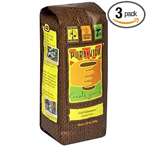 Pura Vida Whole Bean Coffee, Caf� Kilimanjaro, 12-Ounce Bags (Pack of 3)