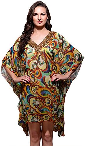 Womens Short Cool Kaftans Caftan Printed Dress Knee Length