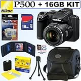 Nikon Coolpix P500 12.1 MP CMOS Digital Camera (Black) + 16GB Accessory Kit ....