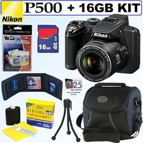 Nikon Coolpix P500 12.1 MP CMOS Digital Camera (Black) + 16GB Accessory Kit