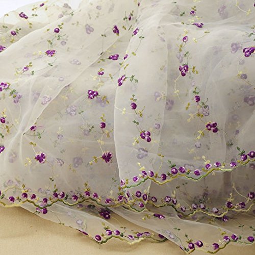 Iris Tech Premium Rose Embroidered Organza Lace Floral Fabric- By the Yard (Purple)