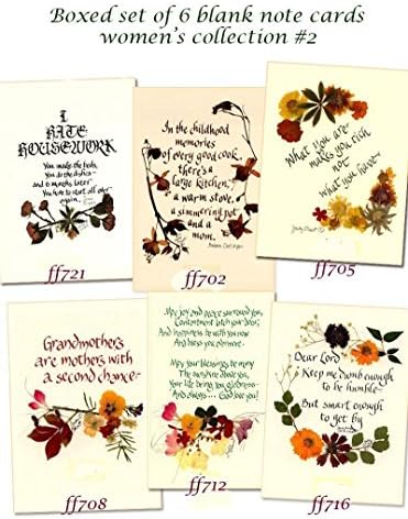6 distinctive calligraphy and pressed flower art note cards as a boxed set of woman's designs. Women's collection #2