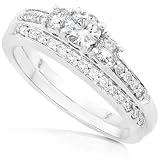 7/8ctw Three Stone Round Diamond Wedding Ring Set in 14kt White Gold (HI/I1-I2)