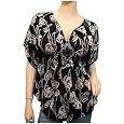 Plus Size Low Cut V-Neck Slimming Top Rose Print Black