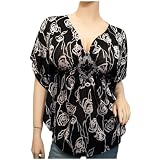 Plus Size Low Cut V-Neck Slimming Top Rose Print Black