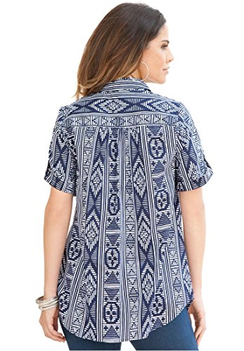 Roamans Womens Plus Size Short Sleeve Shirt Navy Print 24