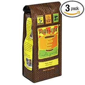 Pura Vida Whole Bean Coffee, House Blend, 12-Ounce Bags (Pack of 3)