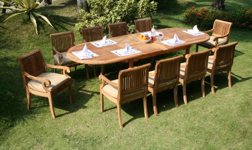 Grade-A Teak Wood luxurious 11 pc Dining Set : Large 117" Double Extension Oval Table, 10 Arm / Captain Chairs [Model:gvj]**Click to see all sizes..