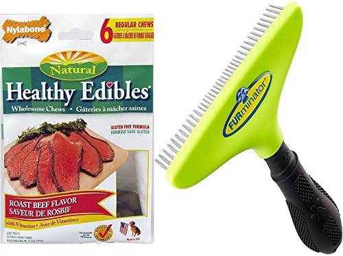 Bundle 2 items Furminator Pro Long Dog Hair Rotating Teeth Grooming Rake and Nylabone Healthy Edibles Roast Beef Flavored Dog Treat Bone