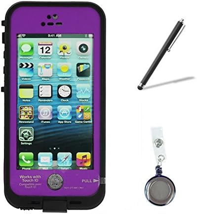Newest Waterproof Shockproof Fingerprint Scanner Full Case Cover Bundle with Retractable Reels and Touch Pen for Apple Iphone 5 5S (Purple)