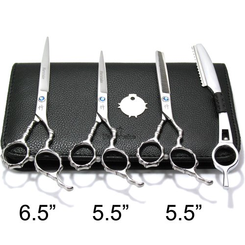 Harutake Professional Bamboo Hair Cutting Scissors Shears Barber Thinning 5.5 6.5 Feather Razor Set + Bamboo Handler+ Hidden Tension Screw with light blue crystal