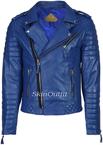 SkinOutfit Men's Stylish Slimfit Lambskin Motorcycle Biker Leather Jacket Royal Blue M
