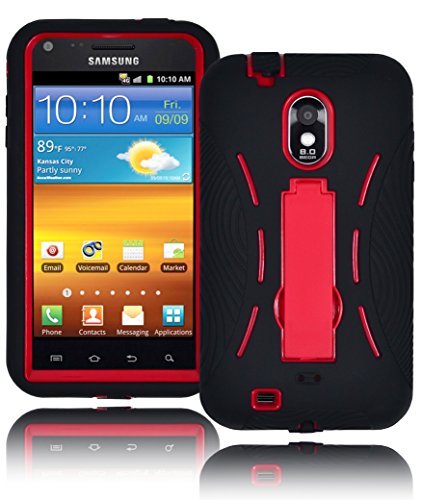 Bastex Heavy Duty Tough Defender Hybrid Hard Red Kickstand Case Cover with Black Silicone Shell for Samsung Galaxy S2, Epic 4G Touch D710