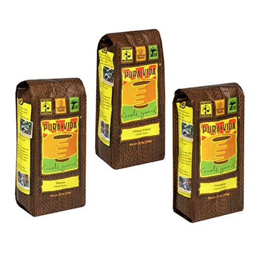 Pura Vida Whole Bean Coffee, Variety Pack of 3 (Sumatra, Ethiopia, and Colombia), 12-Ounce... by Pura Vida