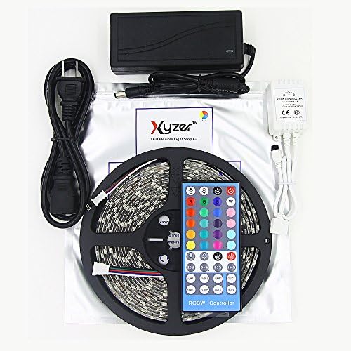 XYZER RGB&W LED Strip Light Kit with 40 Keys Infrared Controller, 16.4ft, 300 LEDs, Color Changing RGBW SMD 5050, Dimmable & dynamic, 72W Power Supply Included