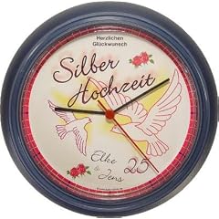 Lucky Clocks Wanduhr Tauben zum 25. Hochzeitstag, Silberhochzeit, mit Namen + Datum + Widmung, schwarz Geschenk