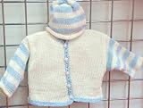 Hand Knitted Crochet Finished Natural Chenille Baby Blue Stripe Cardigan Hat Set Trimmed with Basket Ball Buttons