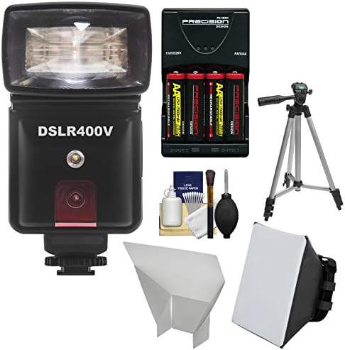 Precision Design DSLR400V High Power Auto Flash with LED Video Light with Batteries &amp; Charger + Soft Box + Bounce Reflector + Tripod + Kit for Fuji X-A1, X-E1, X-E2, X-M1, X-T1, X-Pro1 Cameras