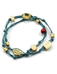 Fish & Hamsa Gold Plated Charm Double Wrapping Handmade Bracelet in Denim Blue for Good Luck