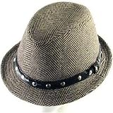 New Herringbone Stingy Brim Fedora Trilby Studded Hat * Brown * Small / Medium