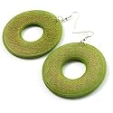 Large Ornate Wood Drop Hoop Earrings (Light Green)