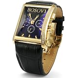 Bosovi Mens Designer Watch with Swiss Movement and 64 Diamonds - 18K Yellow Gold Pl.