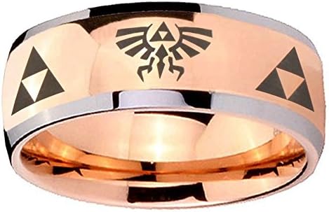 8MM Tungsten Legend of Zelda Shiny Rose Gold IP Silver Edges Dome Engraved Ring Size 14