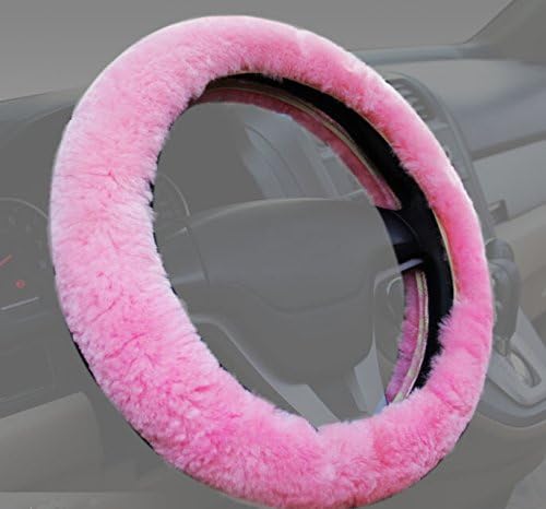 Houyue Plush Sheepskin Steering Wheel Cover Wool for Winter, Keep Hands Warm in Winter (14.5''-15.5'') (Pink)