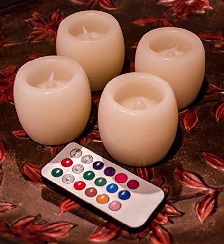 Flameless Battery Operated LED Multi-Colored Solid or Flickering Light Candles with Remote. Set of 4 Barrel Votive. Create Your New Environment Now.