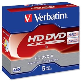 Verbatim HD DVD-R Single Layer Recordable Disk Write-once Cased Speed 1x 15GB Ref 43601 [Pack 5]