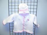 Ck605wp, Knitted on Hand Knitting Machine Then Finished By Hand Crochet Infant Girls Outfit, Containing White Cotton Crocheted Pink Chenille Trim Cardigan Sweater, Hat Set with Pink Heart Applique.