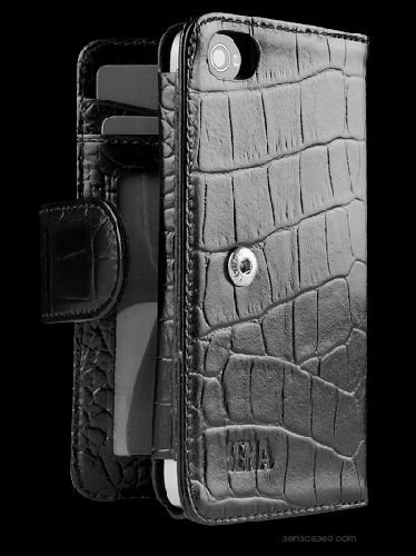 Sena Walletbook Leather Case for iPhone 4 - Croco Black - Fits AT&T iPhone