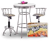 Chrome Bar Table & 2 Chrome Adjustable 24"-29" African Fabric Seat Barstool ....