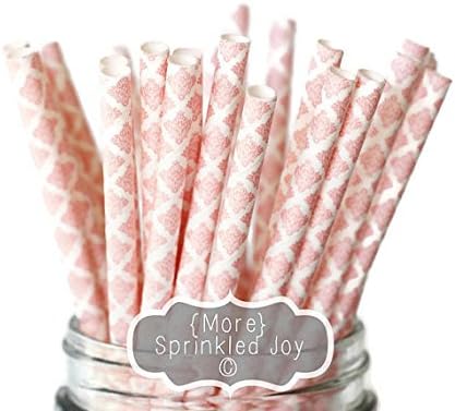 Designer Durable Disposable Drinking Paper Straws (25) Light Pink Damask