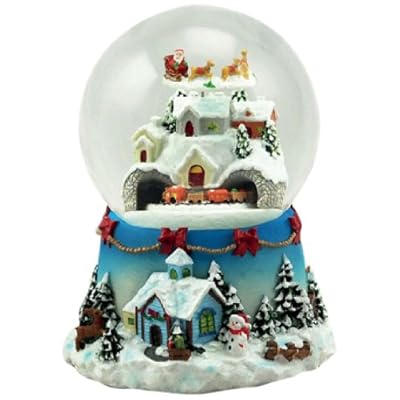MusicBox Kingdom 53117 Snow Globe Flying Santa and Train Music Box Turn to 8 Different Christmas Melodies