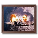 USS Missouri Battleship Firing Guns Naval Ship Military Wall Picture Cherry Framed Art Print