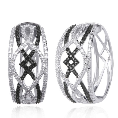Sterling Silver Black and White Diamond Hoop Earrings