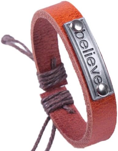 "Believe" Unisex Stainless Steel Charm Leather Wristband Bracelet Cuff Bangle (Brown)