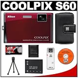 cheap Nikon Coolpix S60 10 Megapixel Digital Camera (Crimson Red) with 5x Optical Zoom + EN-EL10 Battery + Leather Case + Accessory Kit
