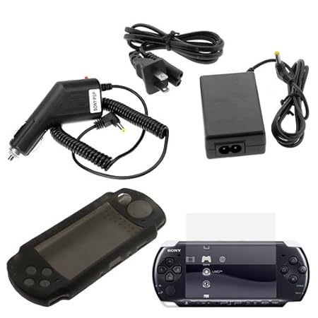 GTMax Home Travel Wall AC Charger Power Adapter + Car Charger + Black Silicone Skin Cover Case + Clear LCD Screen Protector for Sony PSP
