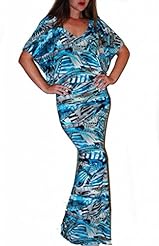 V-neck Polyester/Spandex Tropical Print Dolman Elasticized   Waistline Maxi Dress 