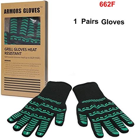 Armors Gloves (One Pair)- BBQ &amp; Grill Heat Resistant Gloves, Oven Mitt Barbecue Gloves (Extra Long with Green Stripe)