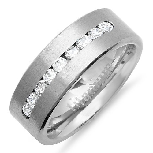 Titanium Men's Ring Wedding Band 8MM Polished With Nine White CZ Cubic Zirconia 0.25 CT Comfort Fit (Available in Sizes 8 to 12) Deals