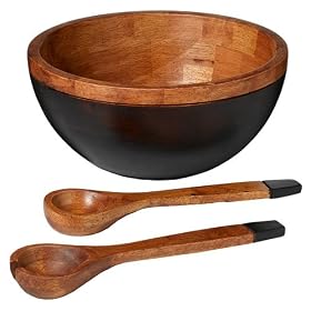 2-Tone Wood Salad Bowl With Serving Utensils  12" dia. by 
